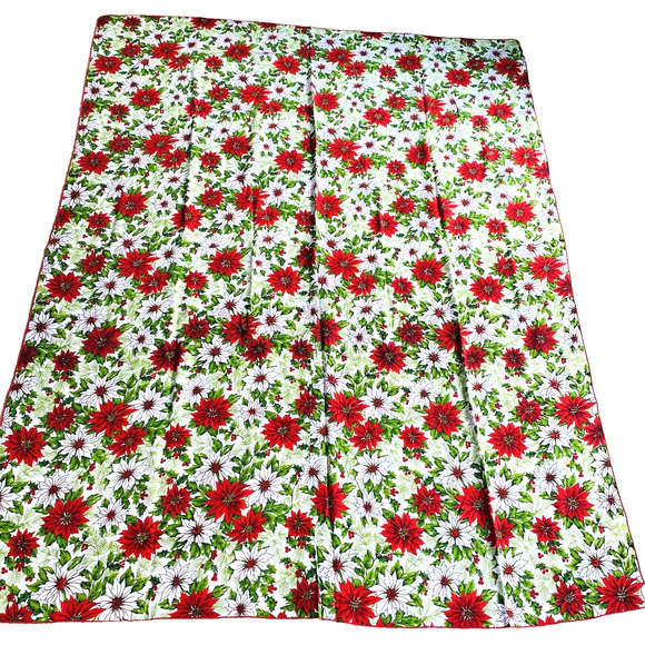 Vintage Christmas Tablecloth Cotton Blend Cloth Festive Red & White Poinsettias - Picture 6 of 8